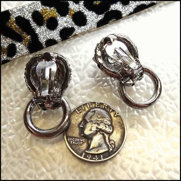 1980s Signed KJL Earrings Crystal Panthers Door Knocker Hoops  16132 - Picture 5 of 7